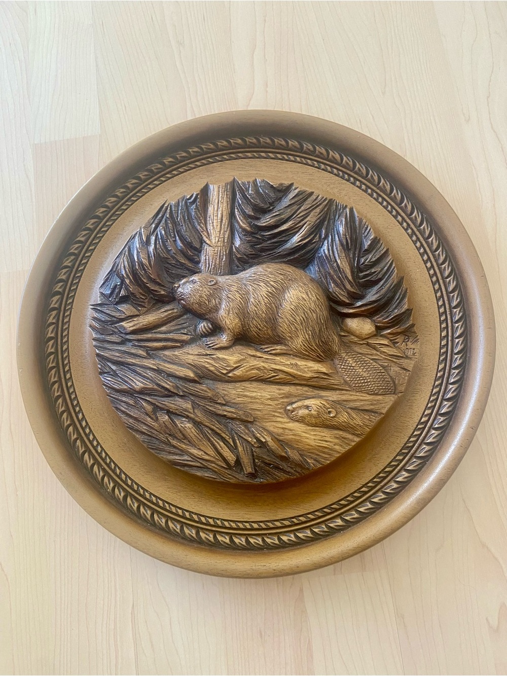 Vintage 1972 Karl Rothammer Beavers Wood Carving  Rustic Cabin Walnut Wall Art